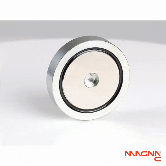 Neodym Topfmagnet Ø75x15mm mit Innengewinde 360 Grad Darstellung