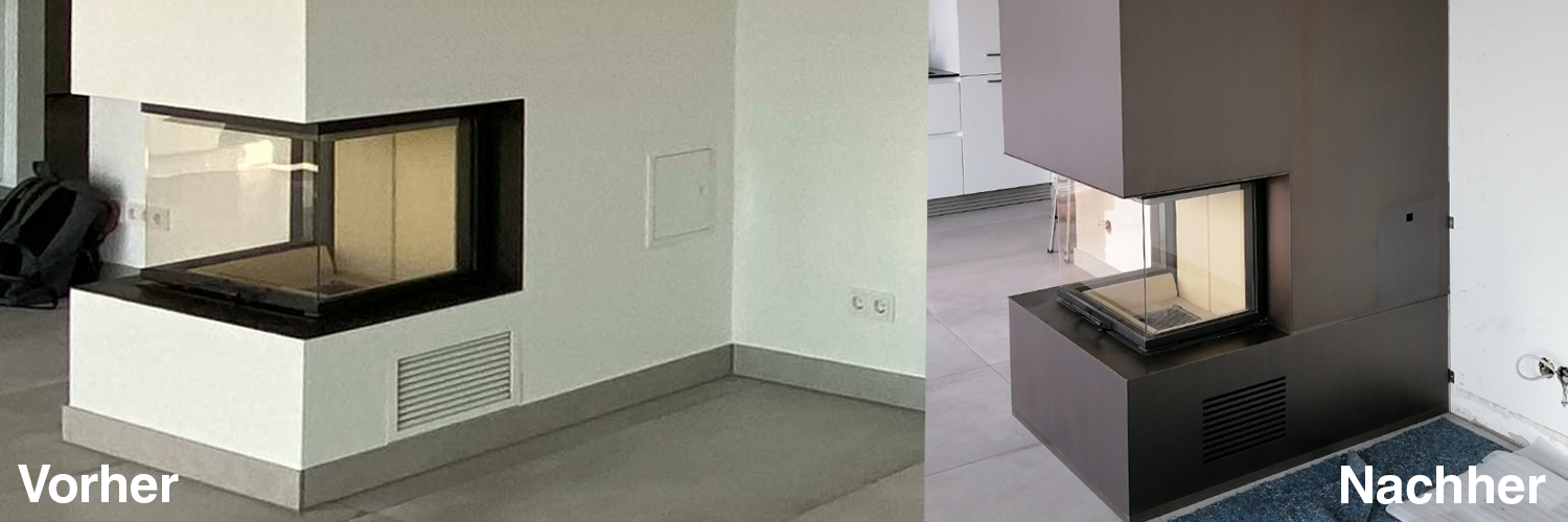 Weißer Kamin vor der Montage der abnehmbaren Kaminverkleidung und nach der Montage als fertiger Kamin mit magnetisch befestigter Messingverkleidung