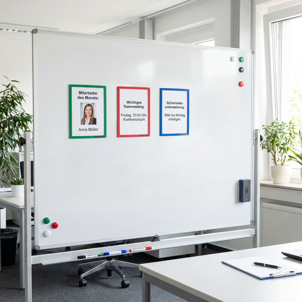 Magnetischer Inforahmen Format DIN A5 präsentiert und schützt einen Aushang im Büro.