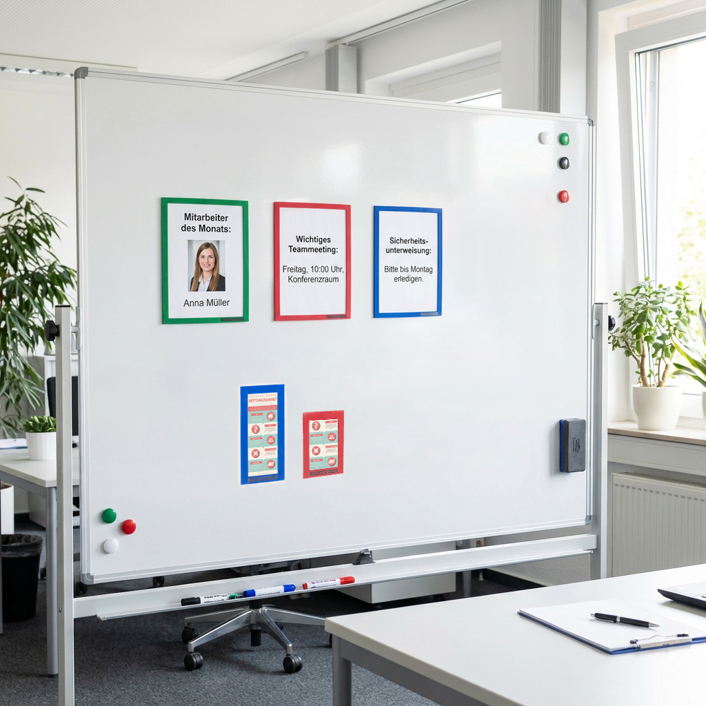 Magnetische Inforahmen präsentieren und schützen Aushänge im Büro.