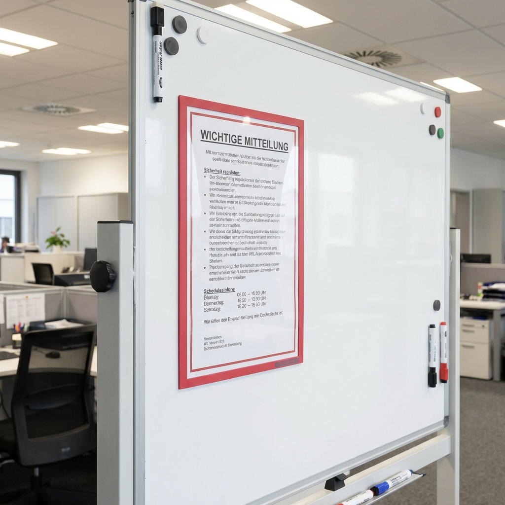 Magnetischer Inforahmen Format DIN A4 präsentiert und schützt einen Aushang im Büro.